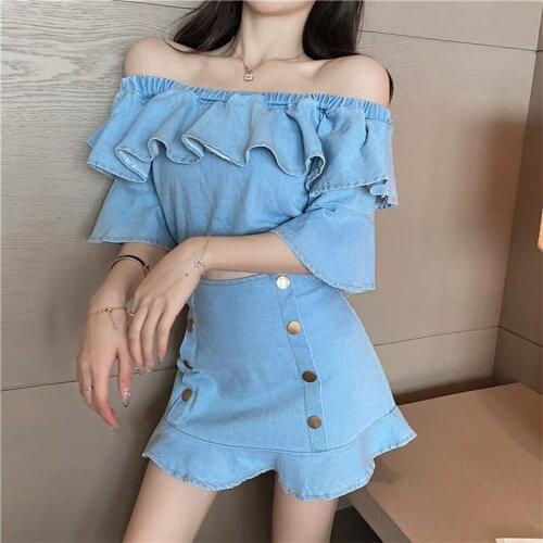 Women Two Piece Set Harajuku Sweet Lolita Japanese Lace Long Sleeve Denim Blouse Shirt + High Waist Skirt Suit Girl 2 Piece Set