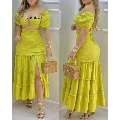 2021 Women Summer Solid Yellow Sexy O-Ring Off Shoulder Crop Top & Frill Hem Shirred Slit Maxi Slim Skirt Set 2PCS Female Cloth
