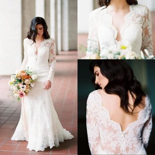 Generous Long Sleeve Lace Wedding Dress For Women 2021 robe de mariée Sexy Deep V Neck Mermaid Wedding Gowns Handmade