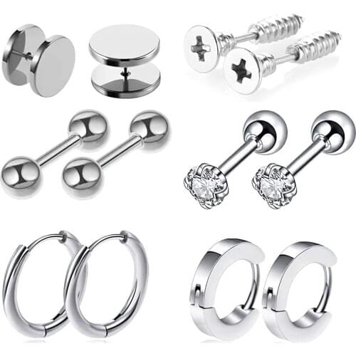 12Pcs Stainless Steel Earrings Set Silver Color Multiple Style Ball Studs Huggie Earrings CZ Stone Screw Jewelry for Mens Womens