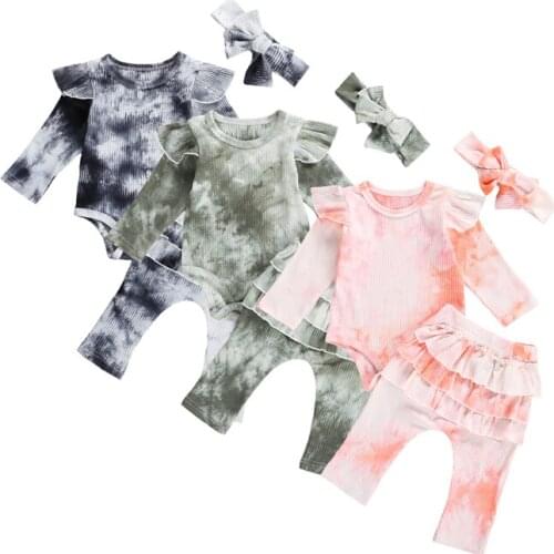 6 Colors Newborn Infant Baby Girls Tie-dye Long Sleeve T-shirts Tops Pants Headband Clothes 3pcs Outfit Sets 0-24 Months