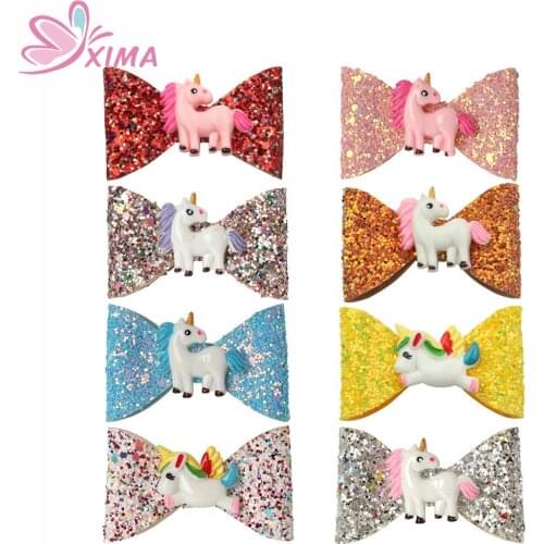 XIMA 8pcs/lot 2.5''Girls Sequin Hair Bow Glitter Unicorn Hair Bows With Clips Kids Bows Hairpins Headwear Hair Accessories