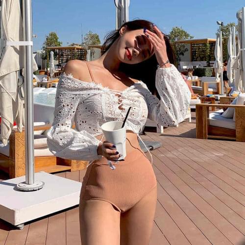 High Waist Bikini Women Solid Swimwear Lace Biquini Sexy Off Shoulder Swimsuit Cover Up Bikinis Pad Bathing Suit Korea 3 Sets