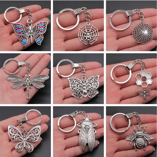 New Fashion Keychain Butterfly Dragonfly Bee Cicada Spider Pendants DIY Men Jewelry Key Chain Ring Holder Souvenir Gift