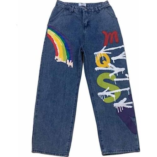 Harajuku Retro Washed Jeans Trend Rainbow Graffiti Printed Trousers Casual Loose Fashion High Waist Wide Leg Pants Men and Women