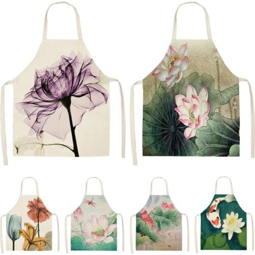 Flower Lotus Pattern Women Lady Apron for Home Kitchen Restaurant Cooking Bib Aprons Catering Anti-Fouling baking accessories