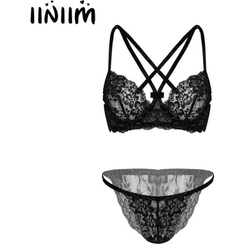 Iiniim Womens Ladies Sexy Floral Lace Lingerie Set Bikini Intimates See-Through Under-wired Bra with Briefs Panties Underwear