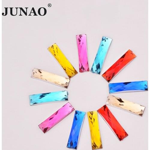 JUNAO 7*26mm Sewing Multicolor Rectangle Rhinestone Applique Flat Back Acrylic Strass Sew On Crystal Stones For Clothes