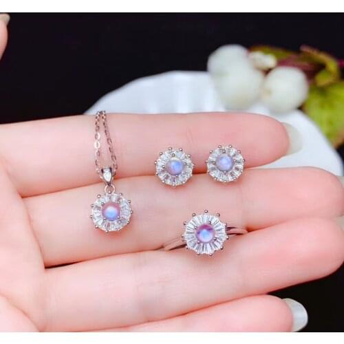 Silver jewelry natural moonstone ring earrings necklace jewelry set 925 silver birthstone natural gem birthday christmas gift