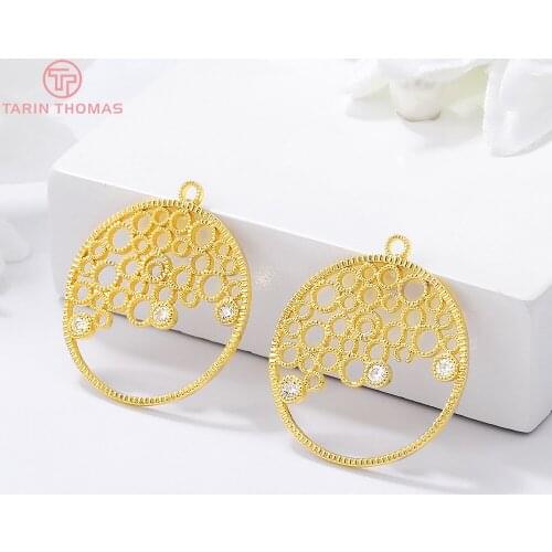 4PCS 22x24MM Hole 1.5MM 24K Gold Color Brass and Zircon Round Charms Pendants Jewelry Making Supplies Diy Findings Accessories