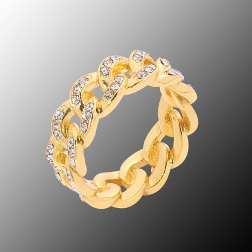 Fashion Hip Hop Cuba Chain Ring For Women Men Ice Out Rhinestone Mens Crystal Geometric Gold Color Rapper Finger Rings