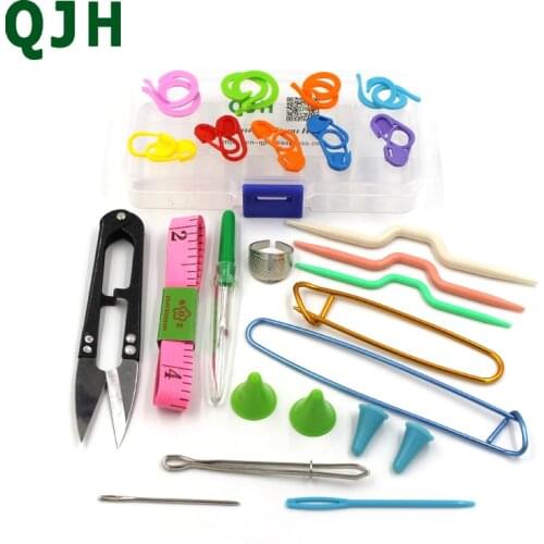 QJH 35pcs General Yarn Sewing Knit Tools Set,Home DIY Weave Craft Accessories Needle, ruler, scissors, buckle ect With Case Box