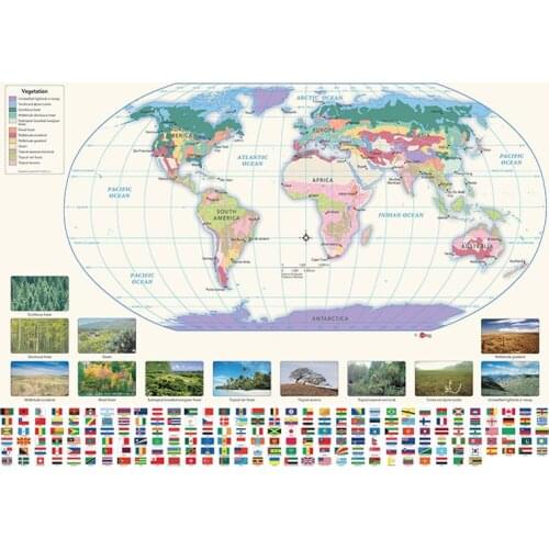 150x100cm The World Non-woven Waterproof Map With Vegetation Map And National Flags