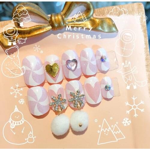 New limited Christmas false nails beautiful sof ball of snowflake 3D fake nails cute bride full nail tips pure color false nails