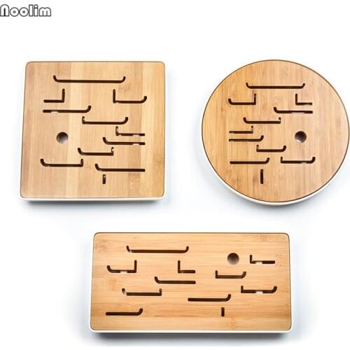 NOOLIM Chinese Kung Fu Natural Bamboo and Melamin Puer Tea Tray with Drainage Water Storage Travel Tea Board Teahouse Tools