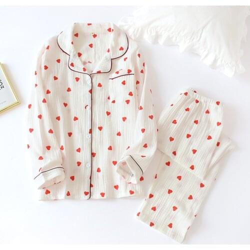 Spring/ AutumnPajamas Set Women Pure Cotton Crepe Long Sleeve Loving Heart Ladies Sleepwear Simple Comfy Loose Summer Home Wear