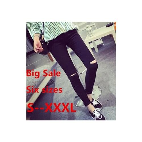 RenYvtil Plus Size 2020 High Elastic Cotton Women Black High Waist Torn Jeans Ripped Knee Skinny Pencil Pants Slim Capris 3XL