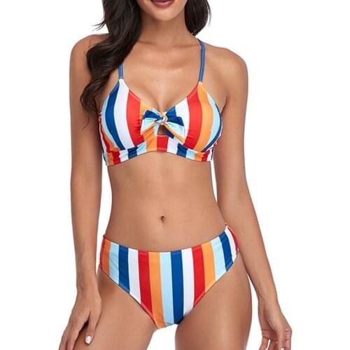 Sexy Brazilian Bikini Women Striped Print Swimwear Bow Swimsuit Push Up Biquini Pad Bathing Suit Mujer Bandeau Swimsuits Beach