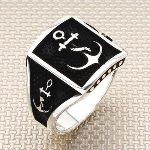 Sterling Silver Square Anchor with Chain Model Ring Sailor Jewelery Handmade Oxidized Accessory For Men Made in Turkey