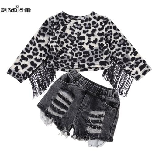 SUNSIOM Fashion Kids Girls Clothes Sets Leopard Tassel Long Sleeve Pullover T Shirts Tops Denim Hole Shorts Sets