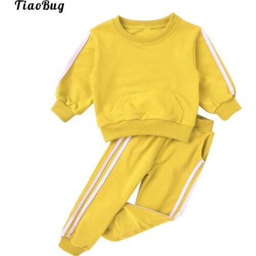 TiaoBug 2Pcs Kids Girls Autumn Warm Sport Suit Round Neck Long Sleeve Big Pocket Sweatshirts Top Side White Stripes Pants Sets