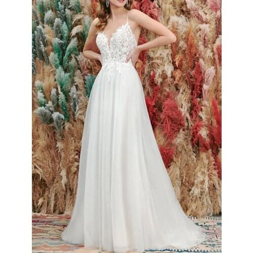 A-Line Wedding Dress V-Neck And Floor-Length Lace Tulle Sleeveless Beach With Applique 2021 New Wedding Dress Can Be Customized