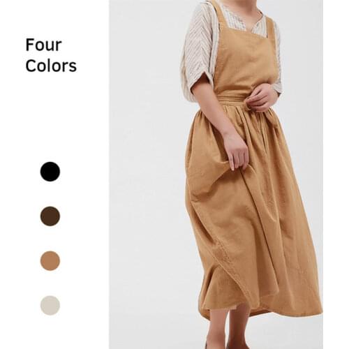 Japanese Apron Pinafore Dress Fashion Korean Work Gown Apricot with Long Waist Tie for Women Kitchen Cooking Baking Robe TJ3648