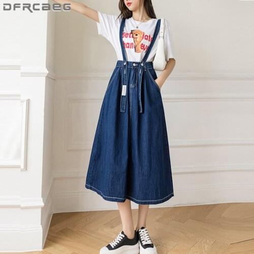 Streetwear Adjustable Suspender Denim Skirts Long 2021 High Waist Casual Vintage Strap Jeans Skirt Female Deep Blue