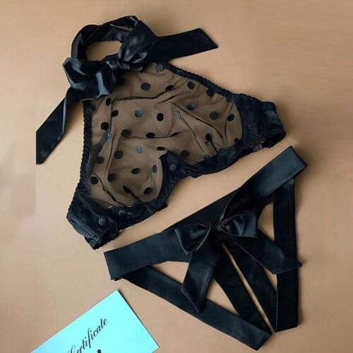 Female Pajamas Women Hot Sex Suit Dot Mesh Bowknot Cutout Strap On Harness Sexy Transparent Cuecas Lingerie Set Halter Underwear