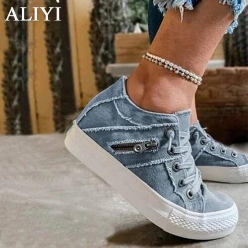Womens Casual Shoes 2021 Autumn New Lace Up Zipper Ladies Canvas Shoes Comfortable Denim Female Flat Loafer Vulcanized Shoes