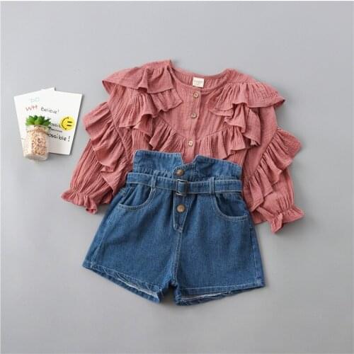 2-8 Years High Quality Girl Clothing Set 2020 New Autumn Fashion Tiered Ruched Solid Shirt + Denim Pant Kid Children Clothing