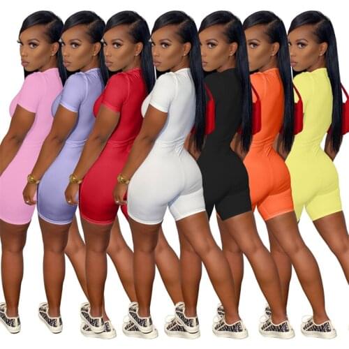 Women Solid Casual Jumpsuit Zipper Short Sleeve Playsuit Fashion Tracksuit Female Fitness Skinny Romper Active Onesies