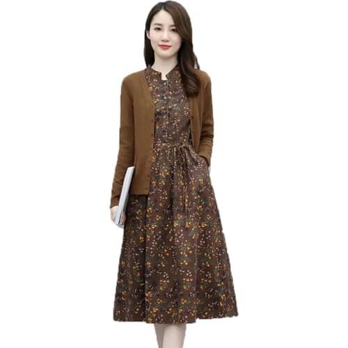 Single/Knitted Cardigan Print Suit Summer Dress Two-Piece Sets Autumn New Waist Midi A-line Dress Floral Dresses For Women 2021