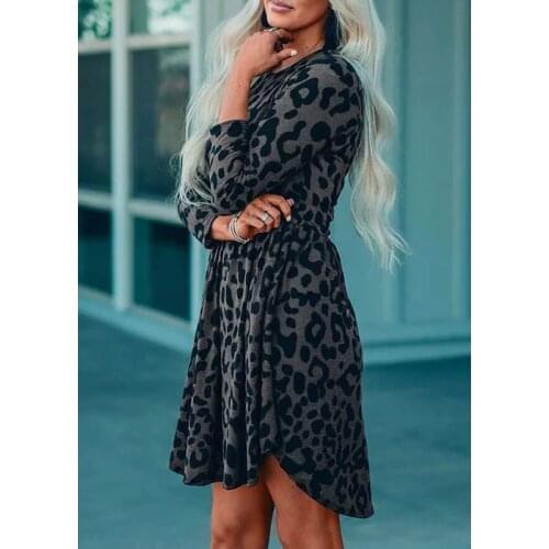2021 Spring New Fashion Round Neck Leopard Printing Long Sleeve Dress Women Casual Loose Dresses Daily Commute Wear