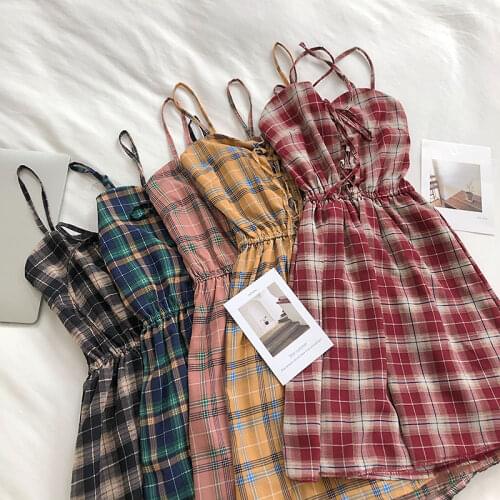 Women Sleeveless plaid dress vintage summer strap sundress Korean Style lace up cami dress casual A-Line short dress G1372
