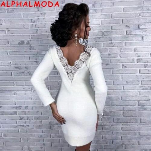 ALPHALMODA New Arrived Sexy Backless Women Soft Fur Knitting Dress Deep-v Back Ladies Chic Party Dress Trendy Ball Dress