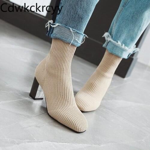 Winter The New fashion knitting Round head Thick heel Martin boots elastic force Plus cashmere Keep warm High heel Women boots