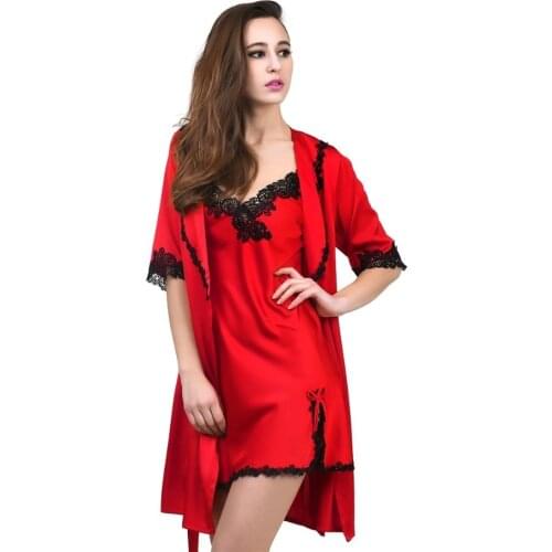2016 Solid Lace Chiffon Robe & Nightgown Set Womens Bathrobe Sexy Women Robes Femme Silk Feeling Dressing Gowns Home Clothes