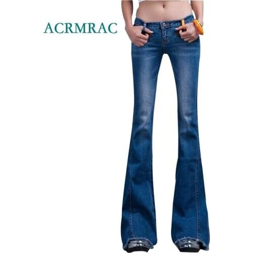ACRMRAC Womens jeans 2018 Spring and autumn Slim blue Spliced Middle waist Skinny Flare Pants Full Length jeans Women