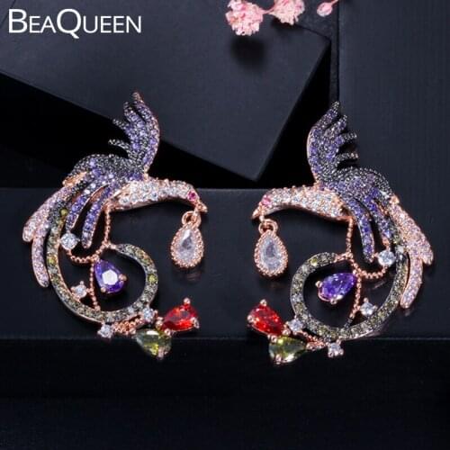 BeaQueen Vivid Rose Gold Color Micro Pave Cubic Zirconia Multicolor Phoenix Drop Earrings Elegant Women Wedding Jewelry E086