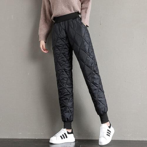 Womens Down cotton Trousers Thicken velvet Autumn Winter 2021 High waist Loose Warm Pants Black Student Plus size Casual Pants