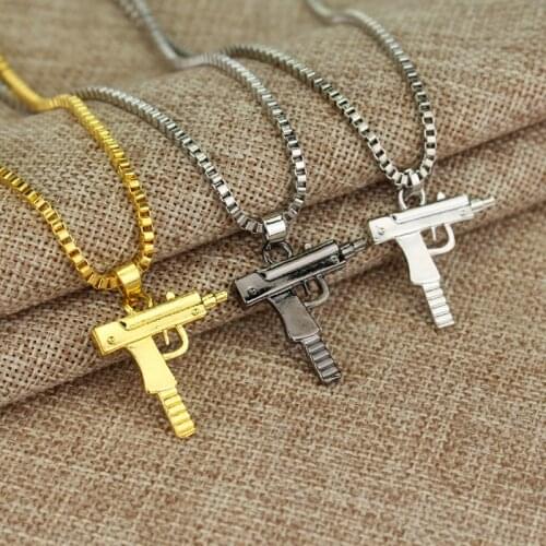 New Cool Gothic Hip Hop UZI Kolye GUN Shape Pendant Necklace Gold/Black Silver Color Army Style Male Chain Men Necklaces Jewelry