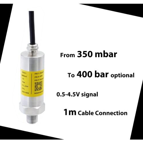 Pressure sensor, 0.5-4.5V, 5Vdc supply, pressure transducer , 1m cable connection, range optional 350 mbar to 100, 250, 400 bar