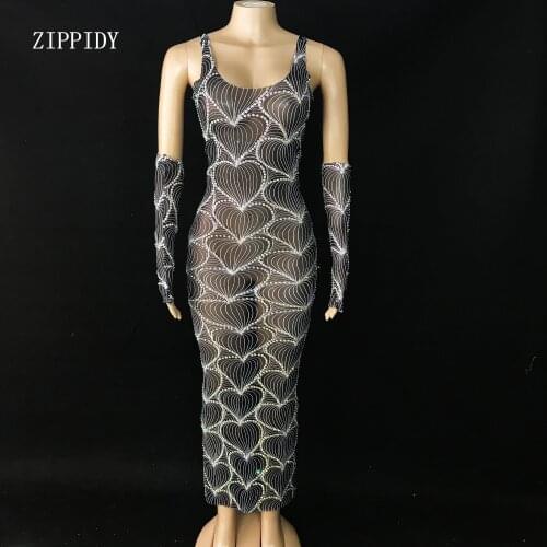 Shining AB Rhinestones Long Dress Golves Birthday Party Celebrate Costume Stones Outfit Singer Nightclub Dance Performance