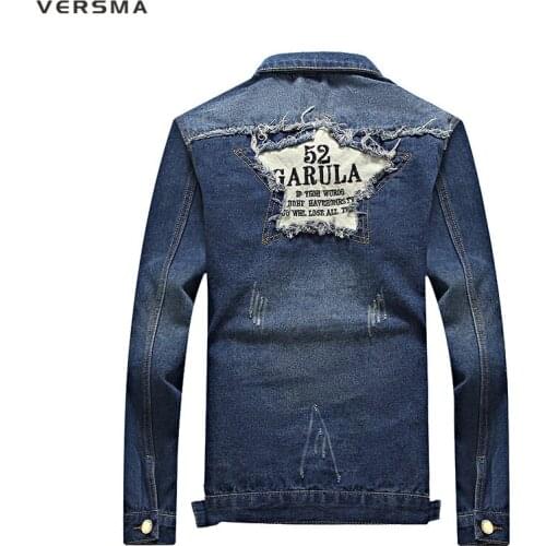 VERSMA Korean Shirt Design Fashion Jean Mens Denim Jacket Woman Men Star Patches Casual Shirt Long Male Ripped Denim Jacket Boys