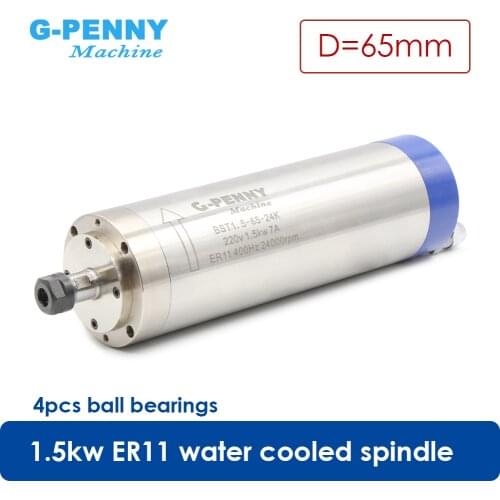 D=65mm 1.5kw ER11 Water Cooled Spindle Motor 220v Diameter 65mm 400Hz 4pcs Bearings Wood Working Spindle 65*209mm CNC Machine