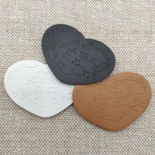 Hand Made By Love With Heart Labels For Friendship Gift Leather Handmade Tags With Heart For Lover Bag Hand Made Sewing Label