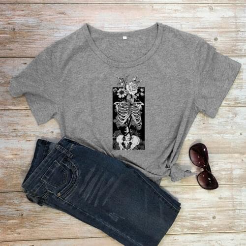 Gothic flower and bones t-shirt women 100% Cotton funny graphic camisetas grunge tumblr hipster Fashion unisex tee top tshirt