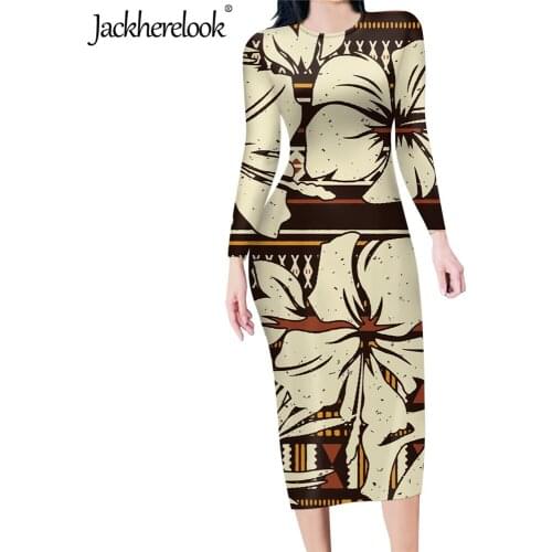 Jackherelook Long Sleeves Bodycon Slim Sexy Dress For Womens Hawaii Polynesian Hibiscus Print Design Vintage Party Soft Vestidos