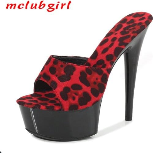 Mclubgirl Catwalk Model High Heels Fine with Sexy Black Platform 15cm Heels Ultra-High-Heel Leopard Print Slippers LFD